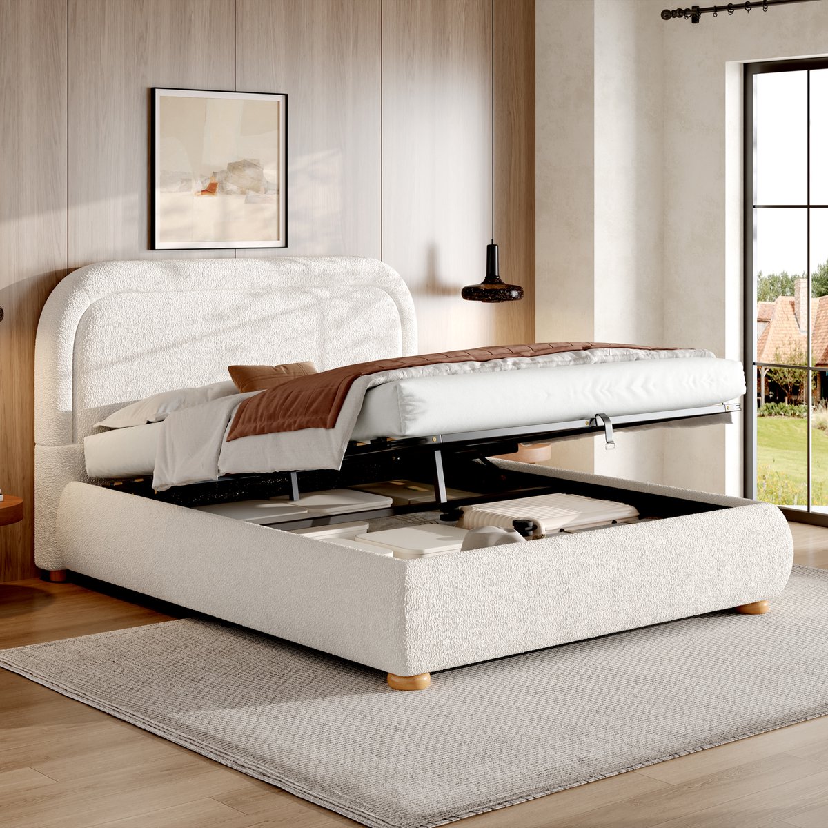 MODENUIT Gestoffeerd Bed 160x200 cm – Hydraulisch Opbergvak – Lattenbodem en Afgerond Hoofdbord – Zonder matras – Bouclé – Wit