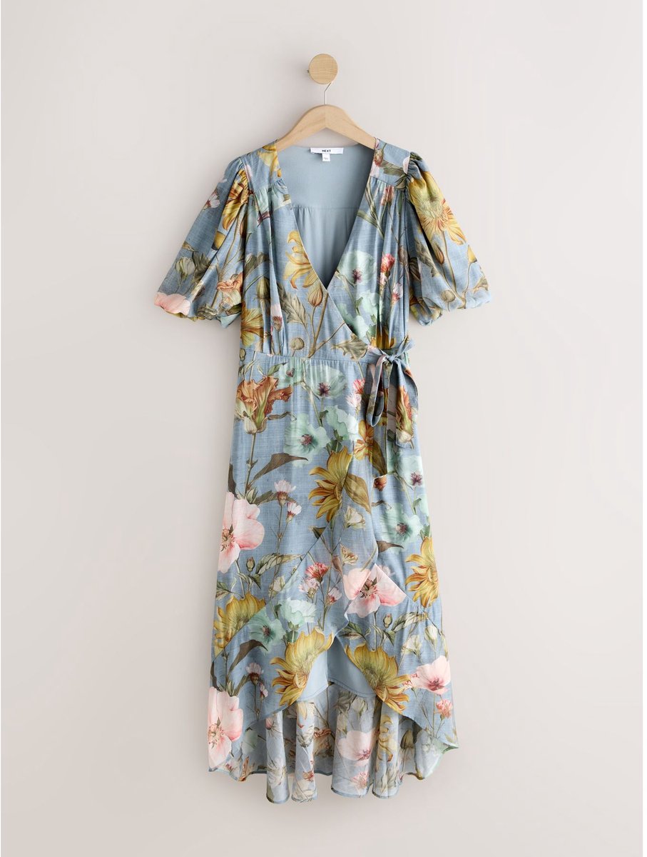 Next Dames - Midi-gelegenheidsjurk met korte pofmouwen en overslag. - Blauw Blue Floral Print