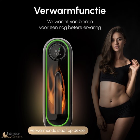 Een vrouw in sportkleding naast een masturbator met vlammen-display, "Verwarmfunctie" en "Verwarmende staaf op deksel".
