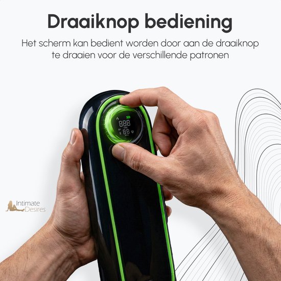 Handen draaien aan de knop van een zwarte masturbator met groen display. Tekst "Draaiknop bediening".