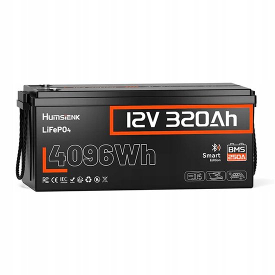 12V 320Ah LiFePO4-accu – 4096Wh – 250A BMS – Bluetooth 5.0 – IP65 Waterdicht – Zonne-energie & Camper – Diepontladingsaccu met Laagtemperatuurbeveiliging