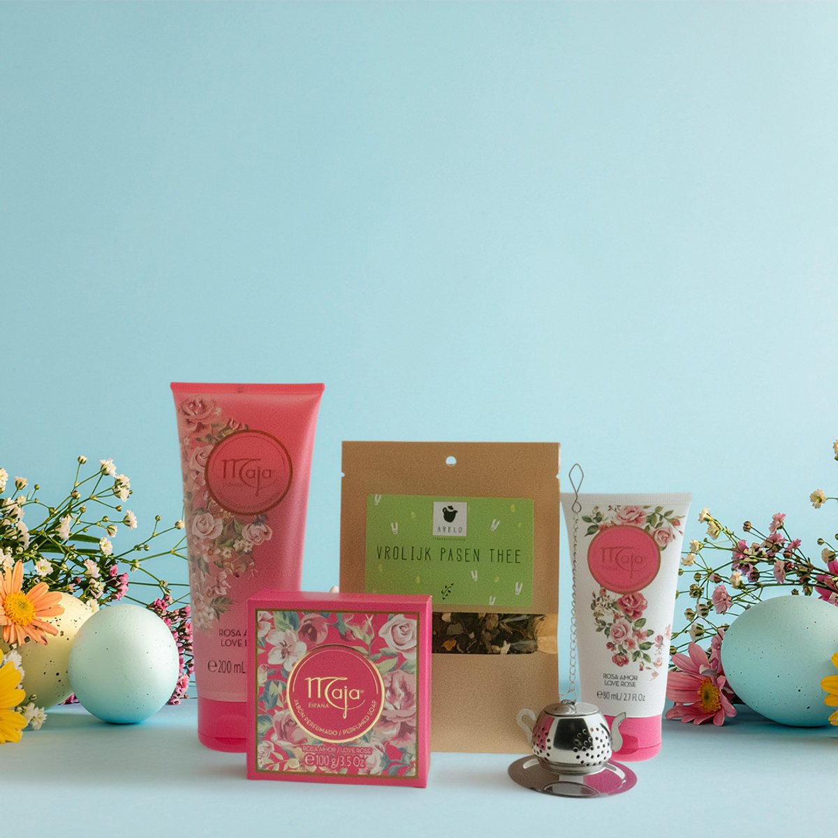 Maja Cadeauset Pasen Love Rose - Maja Love Rose Shower Gel 200ml - Maja Love Rose Hand Cream 80ml - Maja Love Rose Soap 100g - ARELO Vrolijk Pasen thee