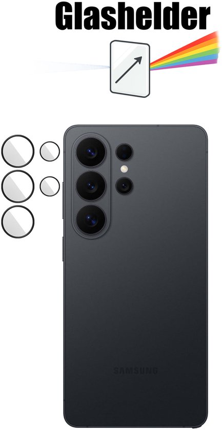 Zwarte Samsung telefoon met vier cameralenzen en drie ronde glasbeschermers ernaast. Logo 'Glashelder'.