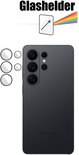 Zwarte Samsung telefoon met vier cameralenzen en drie ronde glasbeschermers ernaast. Logo 'Glashelder'.