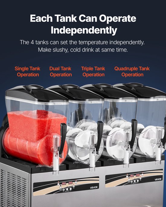 VEVOR Slushmachine 4 x 12 L, Slush-ijsmaker 1650 W (Geen Ijs Nodig), Elektrische Margarita-machine met Zelfreinigende Functie, Geschikt voor Bevroren Margarita's, Frappés, Milkshakes en Shakes van Merkloos — afbeelding 5