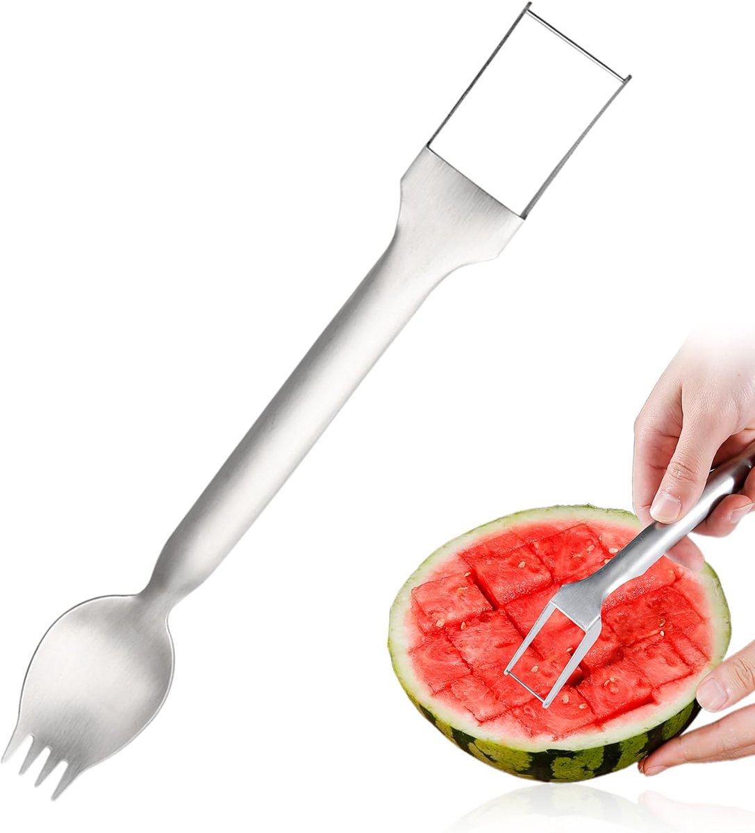 Fruitsnijder Vork - Watermeloen Snijder - Fruit Serveren - 2-in-1 Ontwerp - 102 Inch - Zilver
