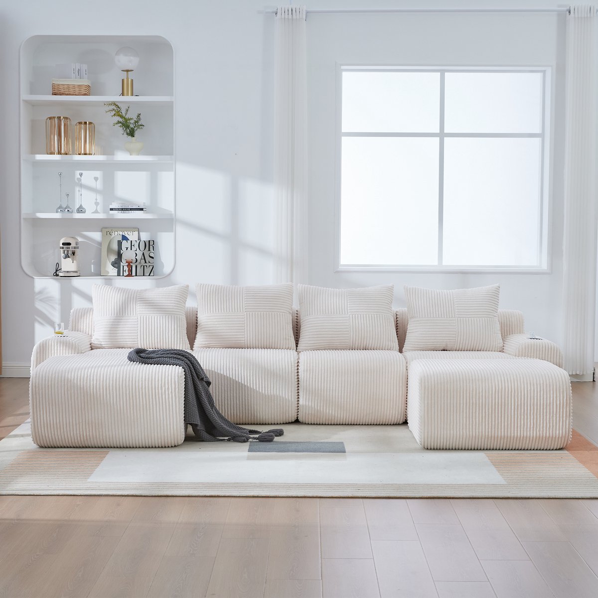 Modulaire Cordbank 4-Persoons met 2 Hockers - Beige, Drinkhouder & Opbergzak voor Woonkamer