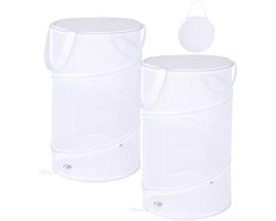Opvouwbare wasmanden met deksel, pop-up wasmanden van gaas, draagbare witte wasmanden van gaas, wasmanden met handvatten voor kamperen, reizen, kleding, kinderkamer organizer, 2 stuks, 32x32x50cm