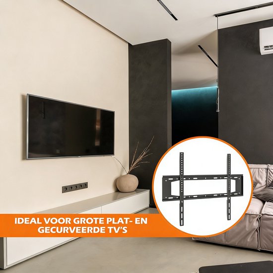 Zwarte tv-beugel in een woonkamer, ideaal voor grote platte en gebogen tv's.