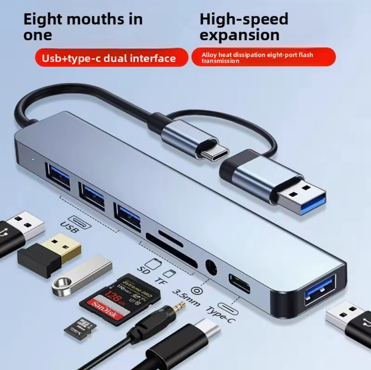 USB-C Hub 8-in-1 – USB 3.0 Multiport Adapter met SD/TF Kaartlezer, 3.5mm Audio & Type-C – Supersnelle 5Gbps – Plug & Play – Voor MacBook, Laptop & PC
