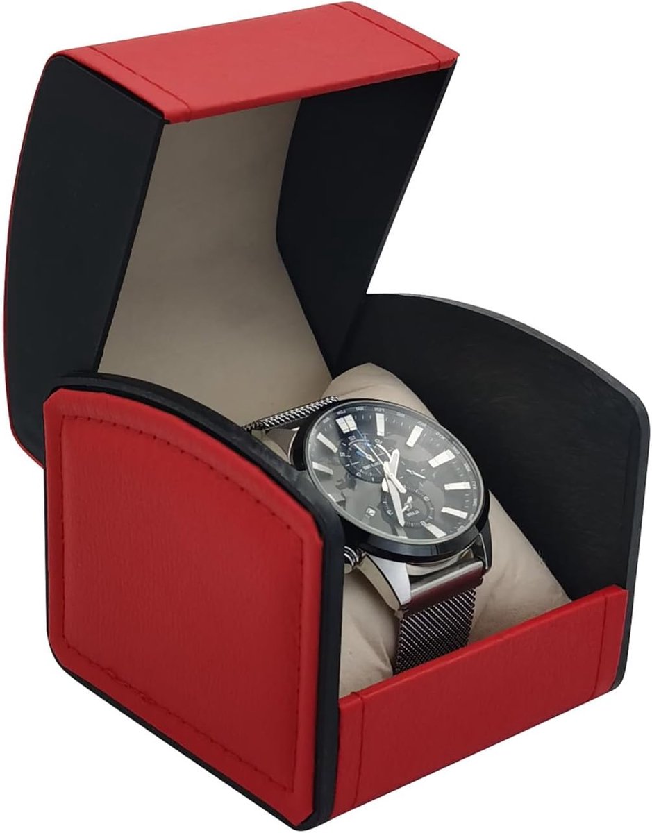 Single Watch Case - PU Leather Travel Case met Verwijderbare Kussen - Sieradenopslag - Organizer - Draagbare Vierkante Horlogedoos - Armband - Horlogehouder (Rood)