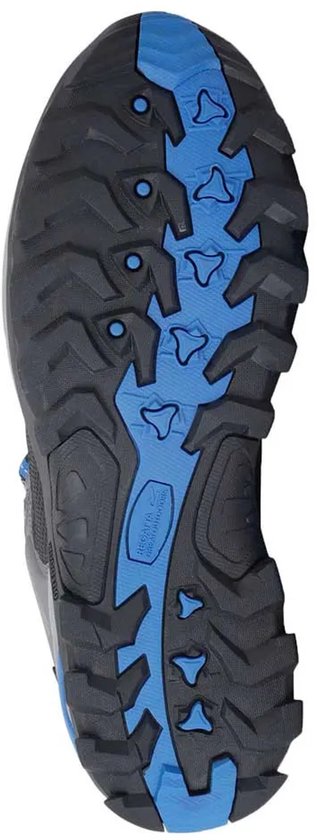 Zool van een grijze wandelschoen met grof profiel en blauwe accenten.