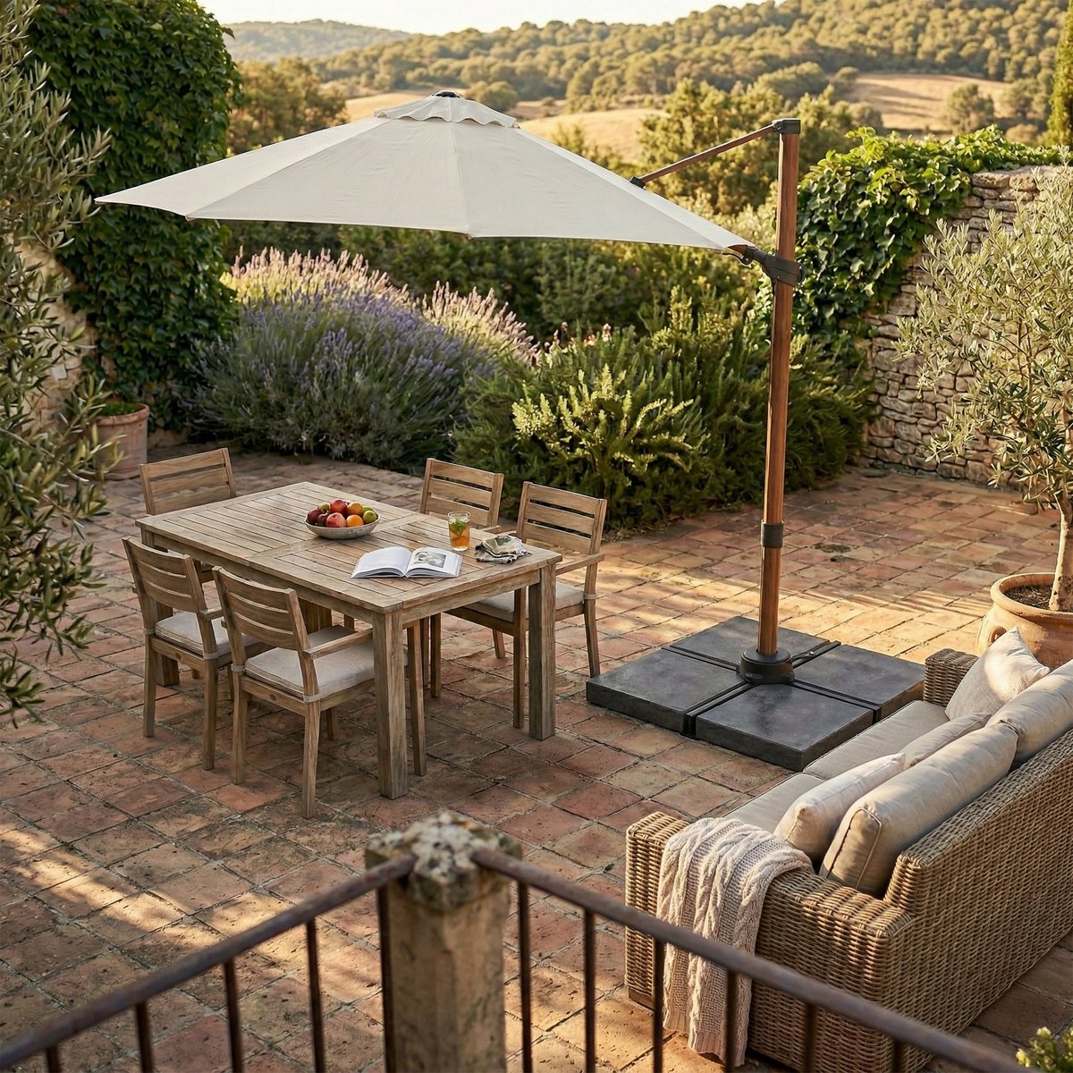 AXI Solis Zweefparasol Ø 300cm Houtlook/beige incl. Hoes – Gepoedercoat frame met kruisvoet – 360° Draaibaar - Kantelbaar – foto 4