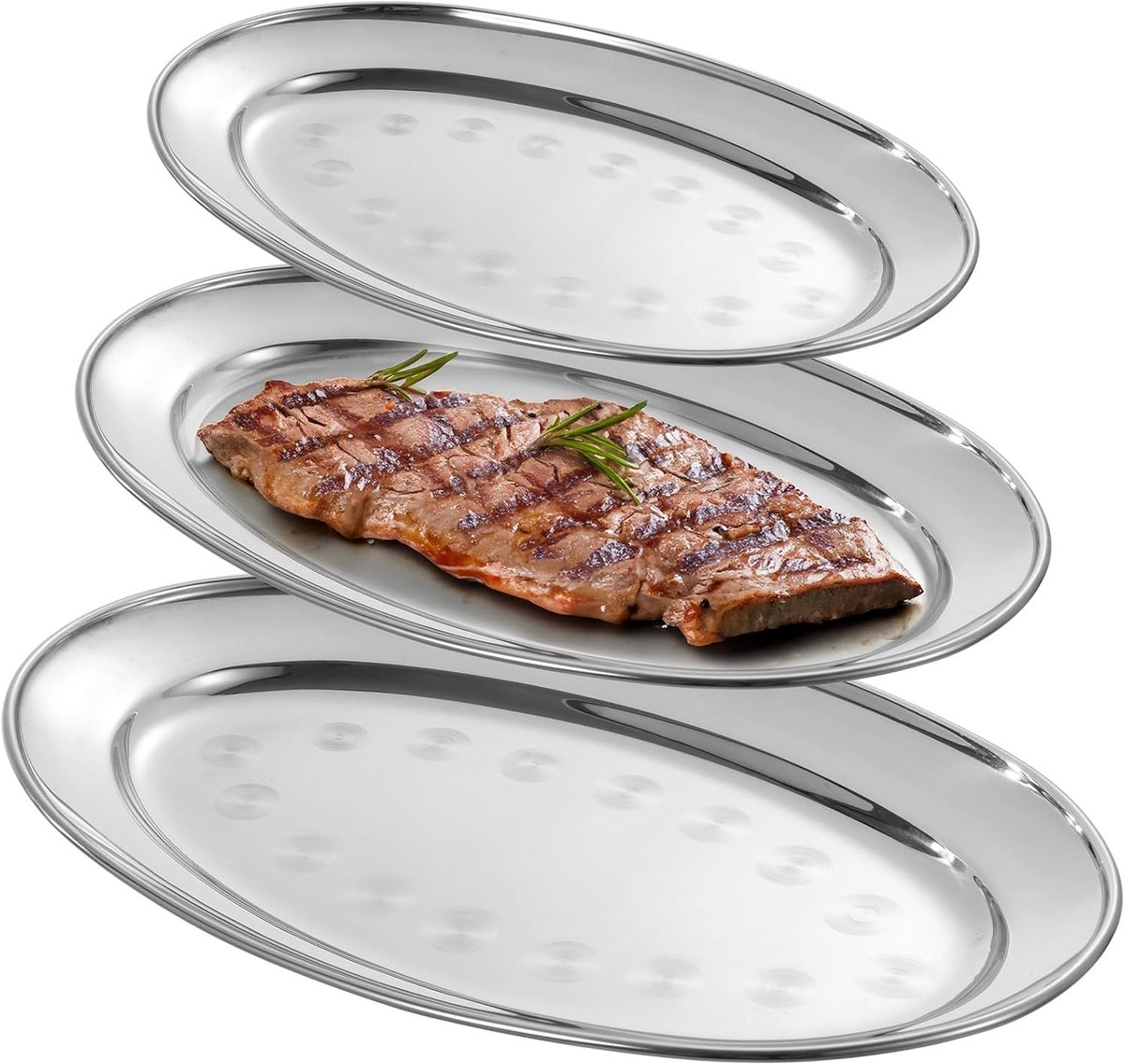 longziming - Set Van 3 Ovale RVS Serveerborden - Spiegel Gepolijste Serveerplateaus - Voor Diner Feest En Catering - Roestvrijstalen Serveerschalen Voor Voedsel Presentatie