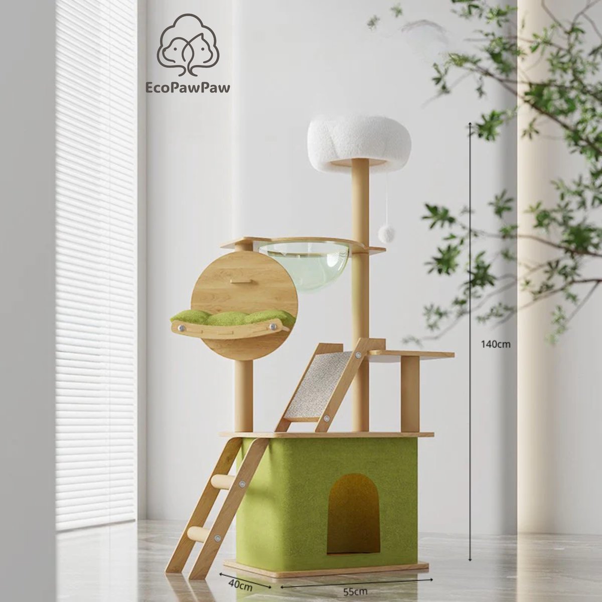 EcoPawPaw Kattenkrabpaal met Houten Kattenhuis – Kattenboom met Hangmat – Kattenladder – Draaibare Kattenmand – Multi-level Design