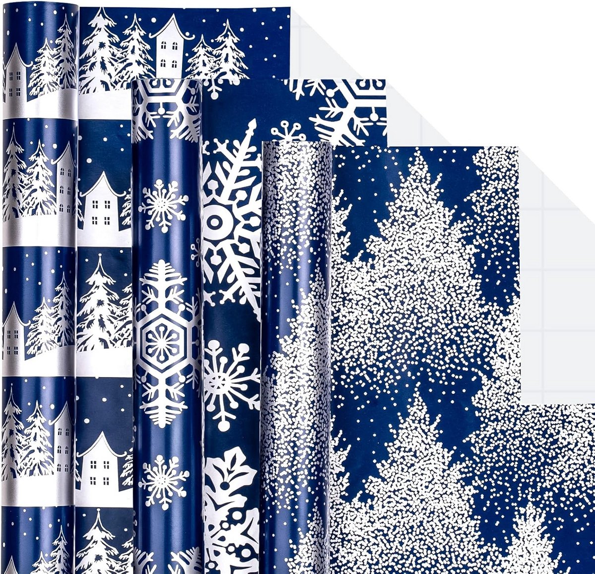 3 Rollen Kerst Inpakpapier Marineblauw – Besneeuwd Bos & Sneeuwvlokken – Cadeaupapier Feestdagen