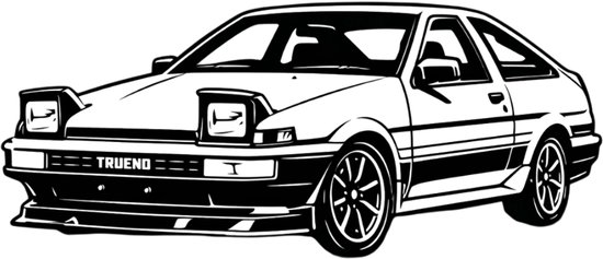 Een zwart-wit illustratie van een Toyota AE86 Trueno auto.