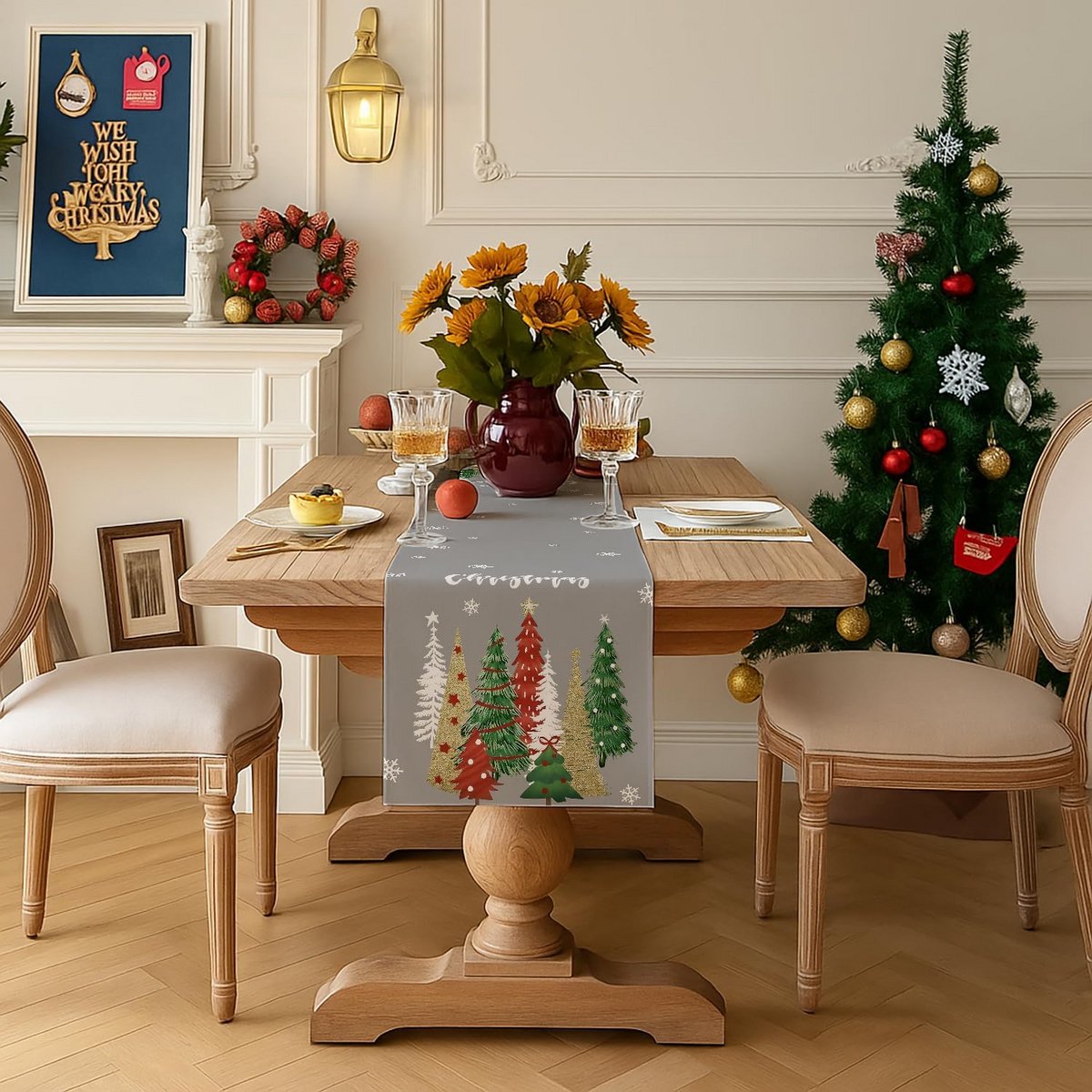 Feestelijke Tafelrunner Kerstboom Sneeuwvlokken Modern Tafeldecoratie 33 x 183 cm