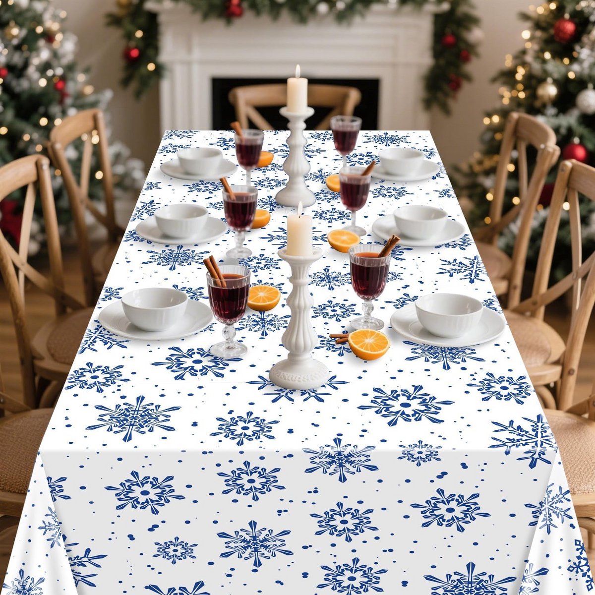 4x Tafelkleed Sneeuwvlok Wit – 220x130 cm – Kerst & Winter Decoratie