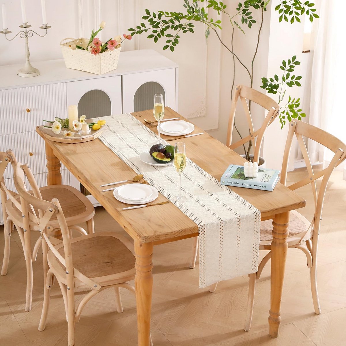 Beige Makramee Tafelloper Boho Katoen Linnen 30x140cm Geweven Tafeldecoratie