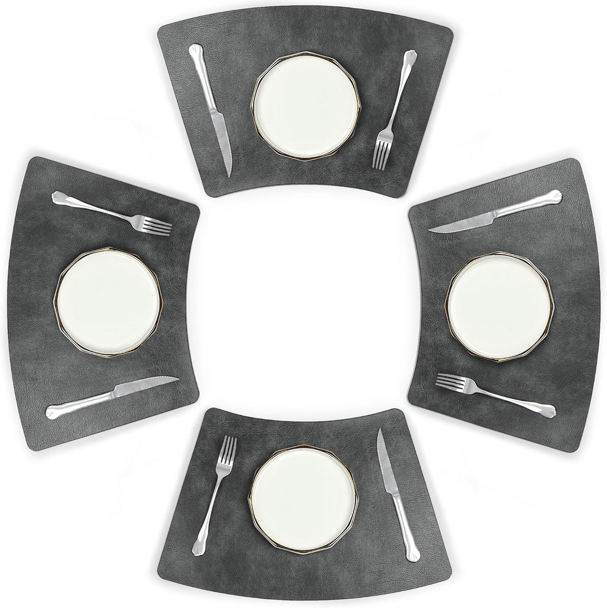Set van 4 Ronde PU Tafelmatten met Rundleerstructuur - 48x30cm Witbaar en Hittebestendig