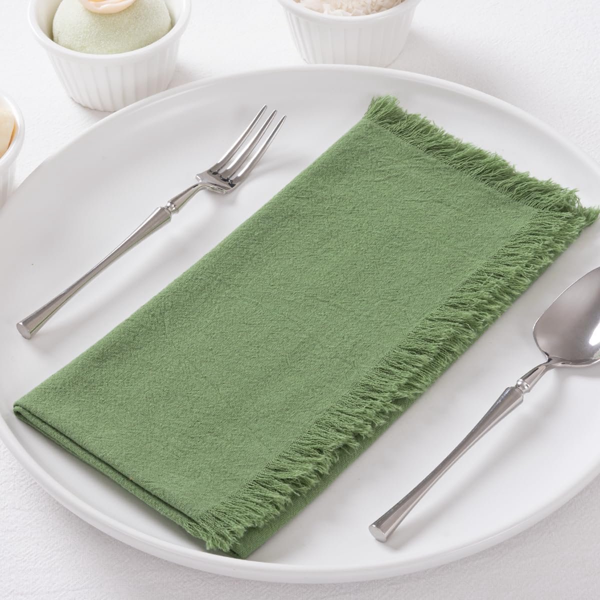 Set van 6 Saliegroene Linnen Servetten met Franjes Boho Stijl
