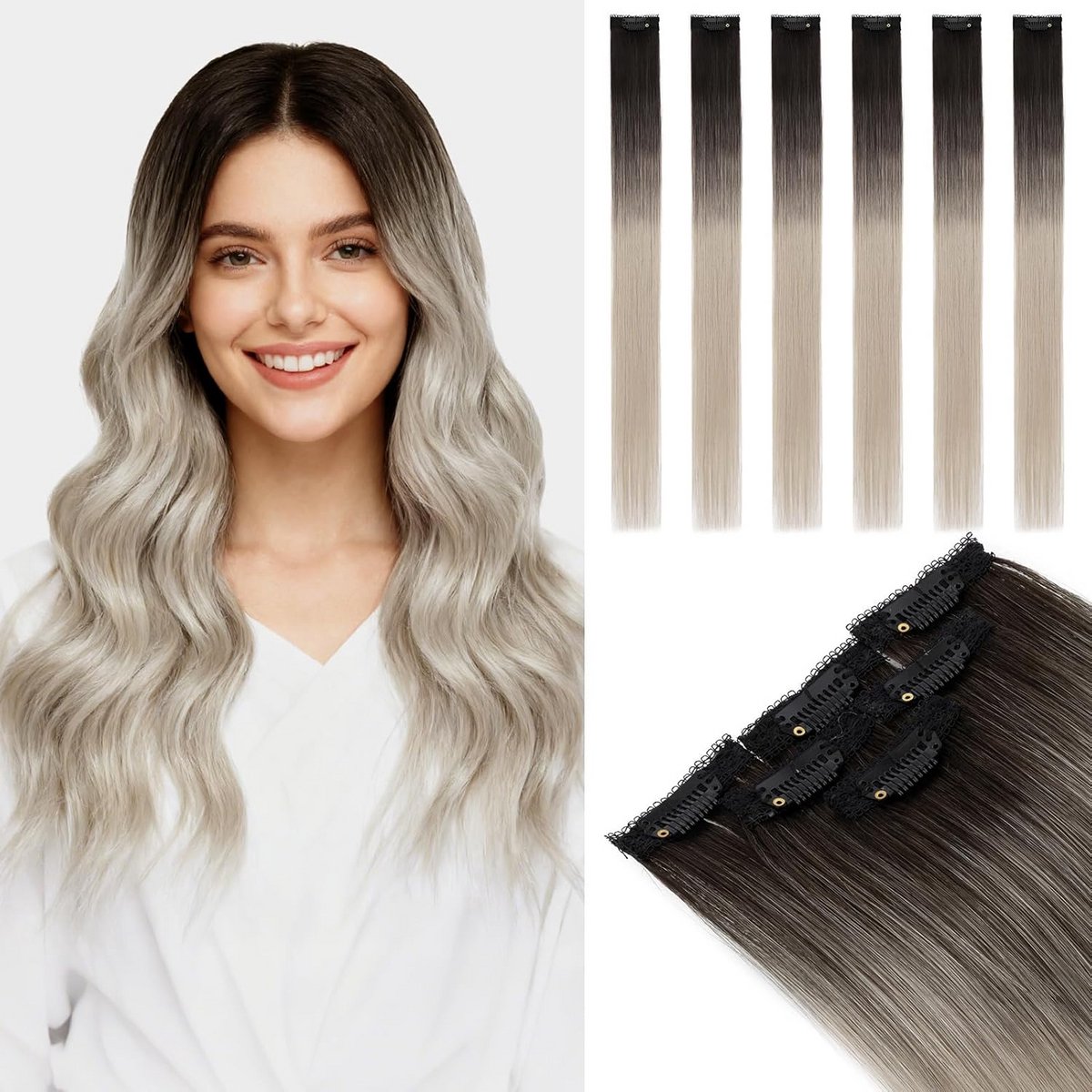 Clip-in Haarverlenging Echt Haar - 6 Delige Set Remy Haar - 35 cm Donkerblond/Grijs