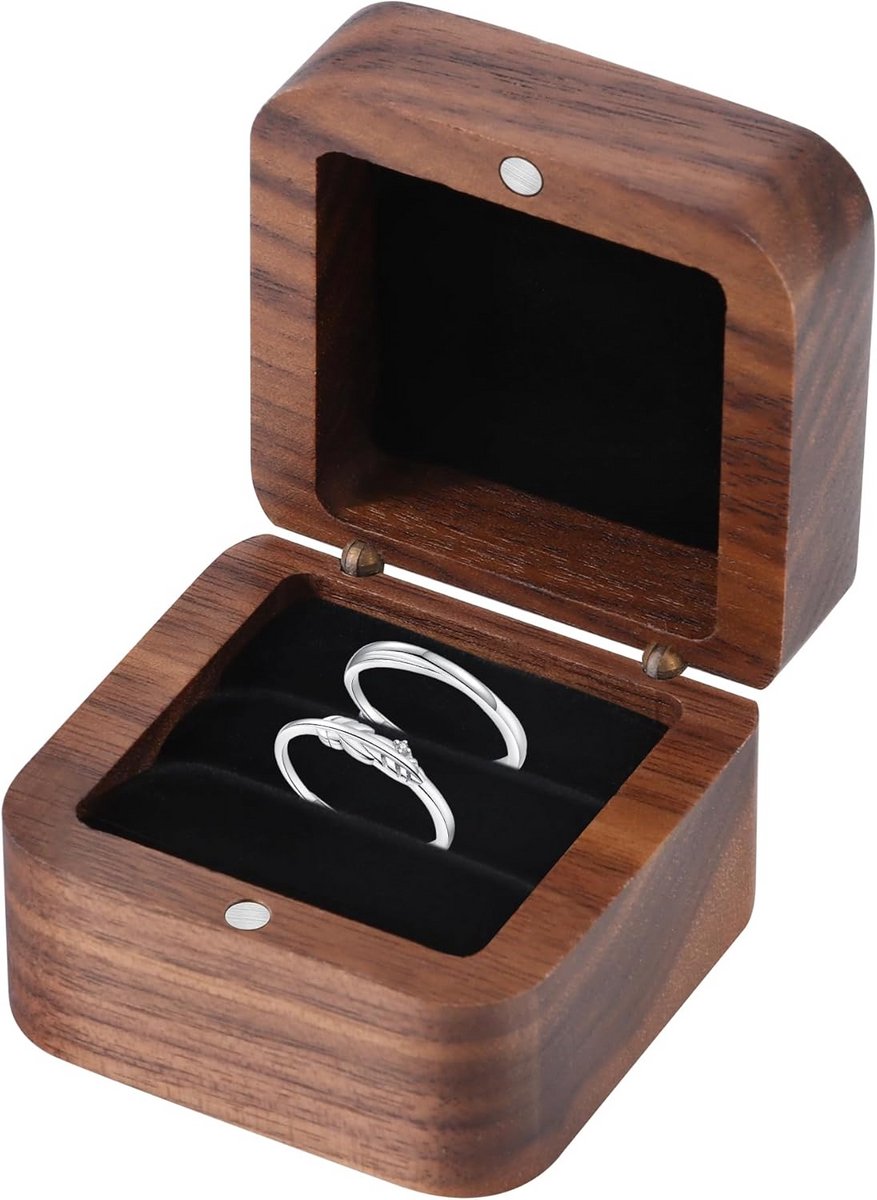 Luxe Houten Ringendoos Walnoot met Fluweel - Ideaal voor Trouwringen en Verlovingsringen