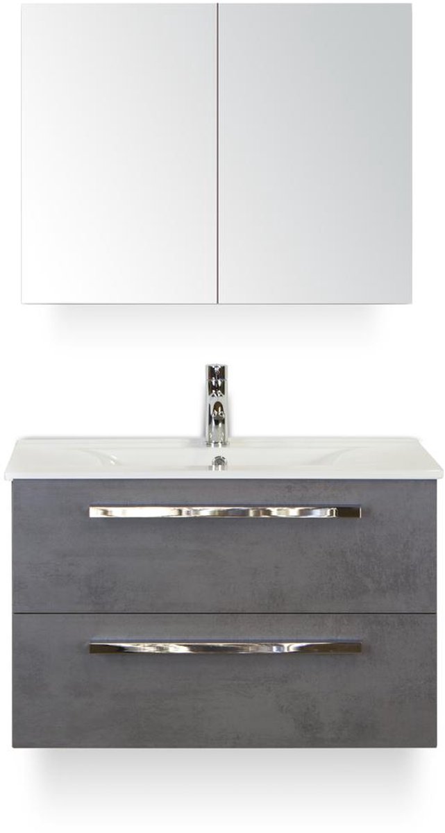 Seville Badmeubelset 80 cm - Beton Antraciet - Keramische Wastafel Wit Enjoy - met Spiegelkast