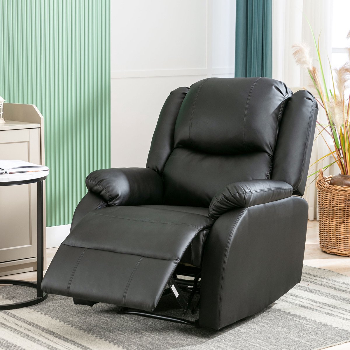 HAUSS SPOLE Fauteuil – Handbediende Relaxstoel – Enkelzit – Met Voetsteun & Zijvak – Hoge Rugleuning – 1-Zits – Voor Woonkamer en Slaapkamer – PU Leer Zwart