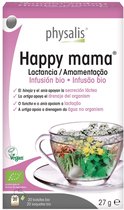 Doosje Physalis Happy mama thee met afbeelding van een kopje kruidenthee met steranijs, groene kruiden en gember. Met vegan logo.