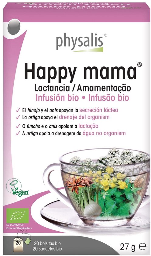 Doosje Physalis Happy mama thee met afbeelding van een kopje kruidenthee met steranijs, groene kruiden en gember. Met vegan logo.