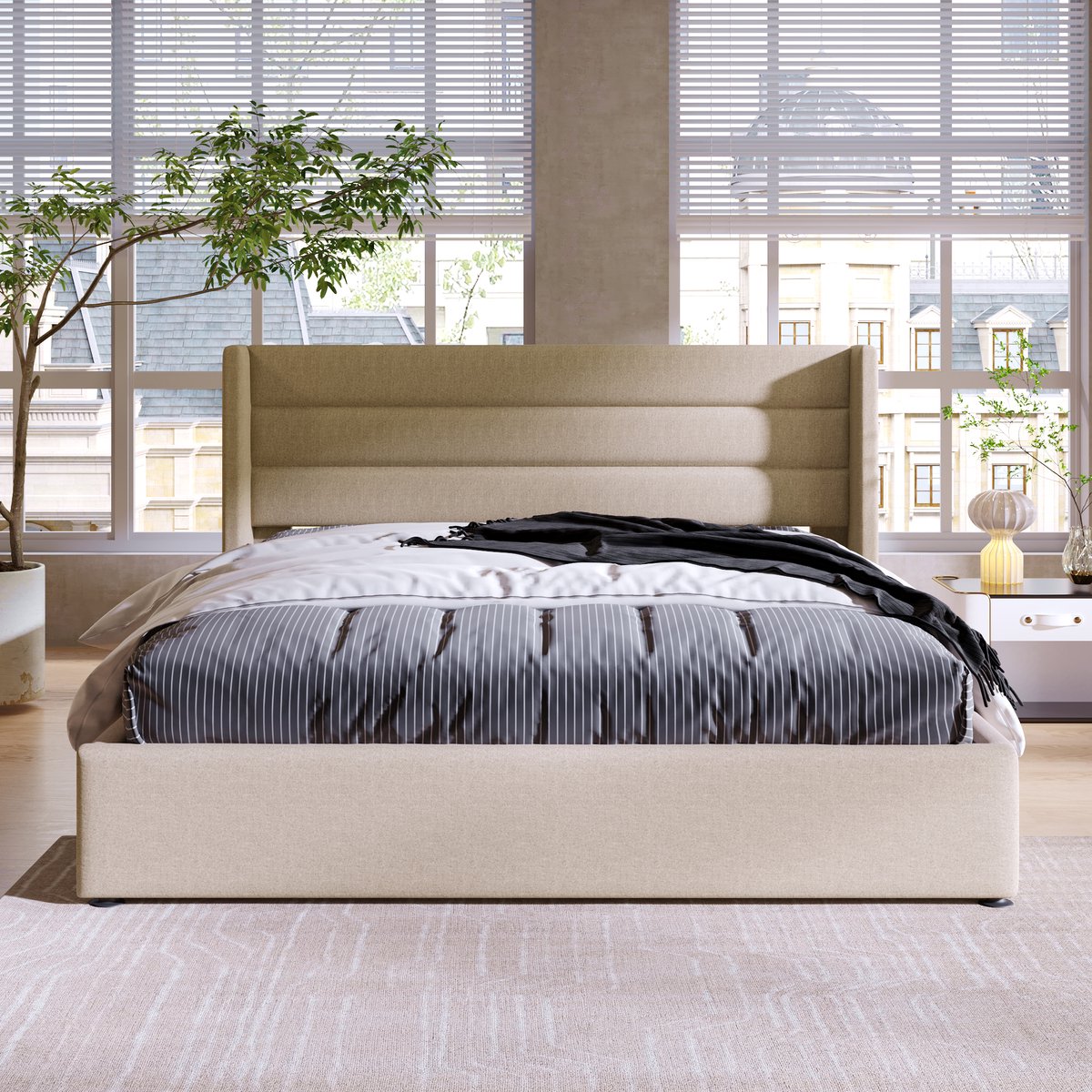 Hydraulisch Opbergbed 140x200 cm - Gestoffeerd Linnen Tweepersoonsbed - Houten & Metalen Lattenbodem - Beige