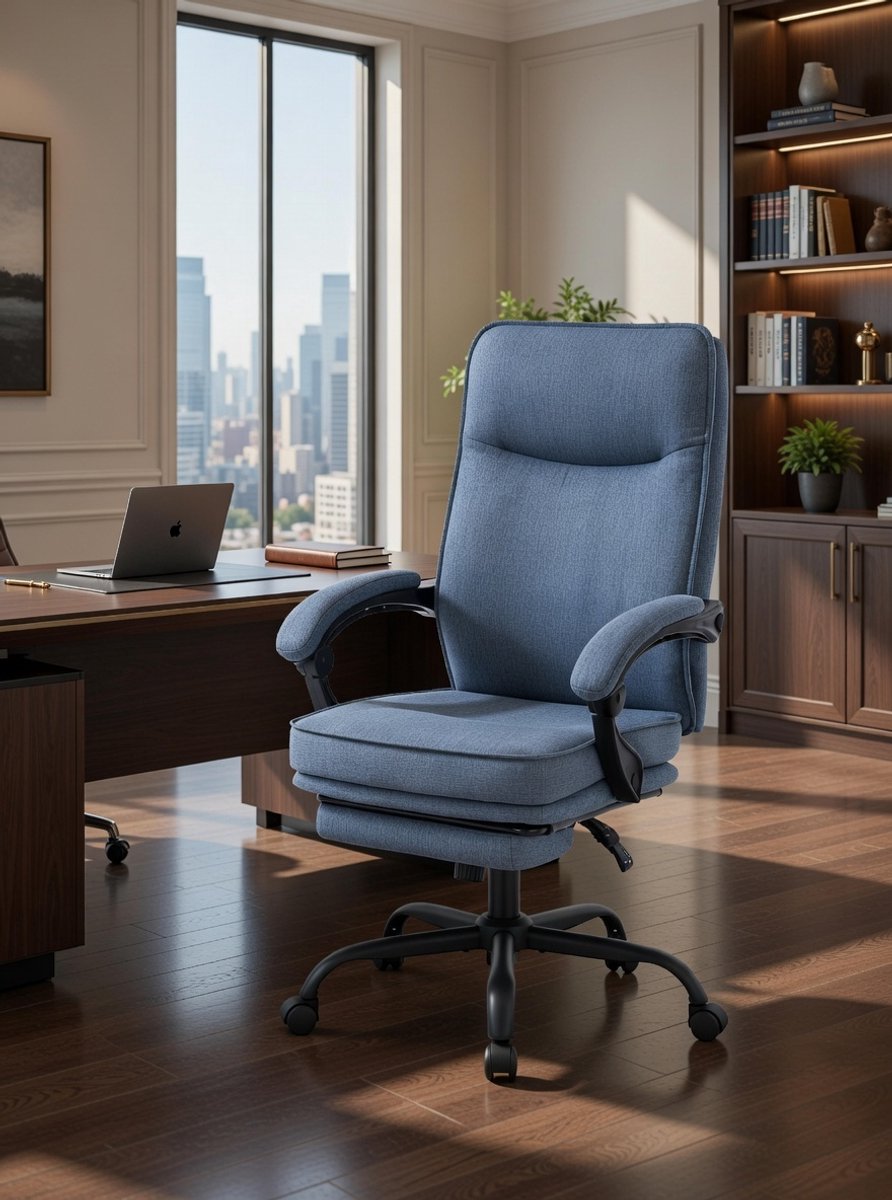 Ergonomische Luxe Bureaustoel met Ligfunctie en Voetensteun – 90-135° Kantelbaar – Gesynchroniseerde Armleuningen – Hoge Rugleuning – Breed Zitvlak – Belastbaar tot 150 kg – Casa Serena Donkerblauw