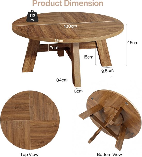 Productafmetingen van ronde salontafel: 100cm diameter, 45cm hoog, met details over poten en gewicht.