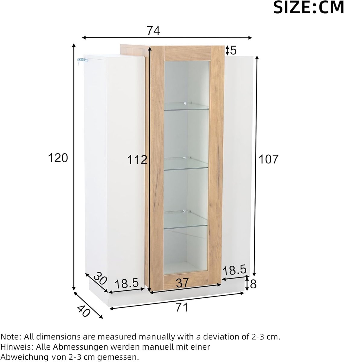 Vitrinekast met LED Verlichting 120 cm – Casa Velluto Aurora Nordic – Hoogglans Wit & Houtlook – Smalle Glazen Displaykast met 3 Deuren en 4 Planken – Moderne Boekenkast & Verzamelvitrine voor Woonkamer, Slaapkamer en Kantoor