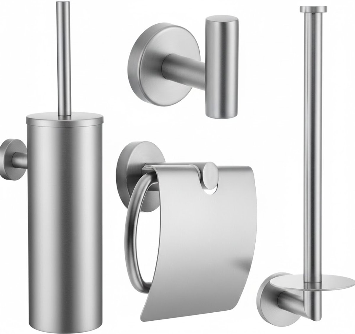 UDUTCH Luxe Toiletaccessoireset 4-delig - Geborsteld RVS Zilver - Inclusief Toiletborstel, Toiletrolhouder met klep, Reserverolhouder & Wandhaak - Badkamer Set