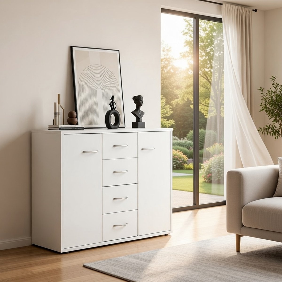 Elegante moderne ladekast - Witte Dressoirkast met 4 lades en 2 deuren, 88×30×64 cm - Veel Opbergruimte voor Woonkamer, Slaapkamer en Hal - Stijlvol en Praktisch Meubel Casa Serena – Casa Dorada