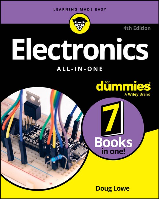 Couverture du livre "Electronics All-in-One For Dummies". Présente une image d'une carte de circuit imprimé avec des fils colorés.