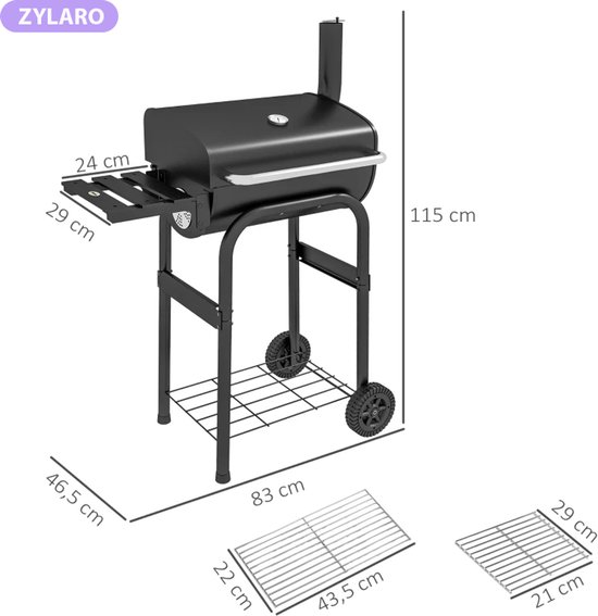 Premie Houtskool Barbecue - Smoker Barbecue - Barbecuegrill - Houtskoolgrill met Deksel, Handgrepen, Thermometer, Wielen - Verplaatsbaar - BBQ voor buiten, tuin - 83 x 46,5 x 115 cm - Zwart van Merkloos — afbeelding 4