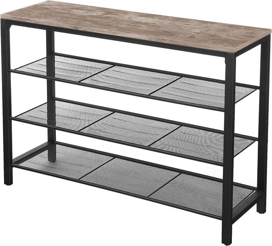 Drie laags schoenenrek met zwart metalen frame en houten blad.