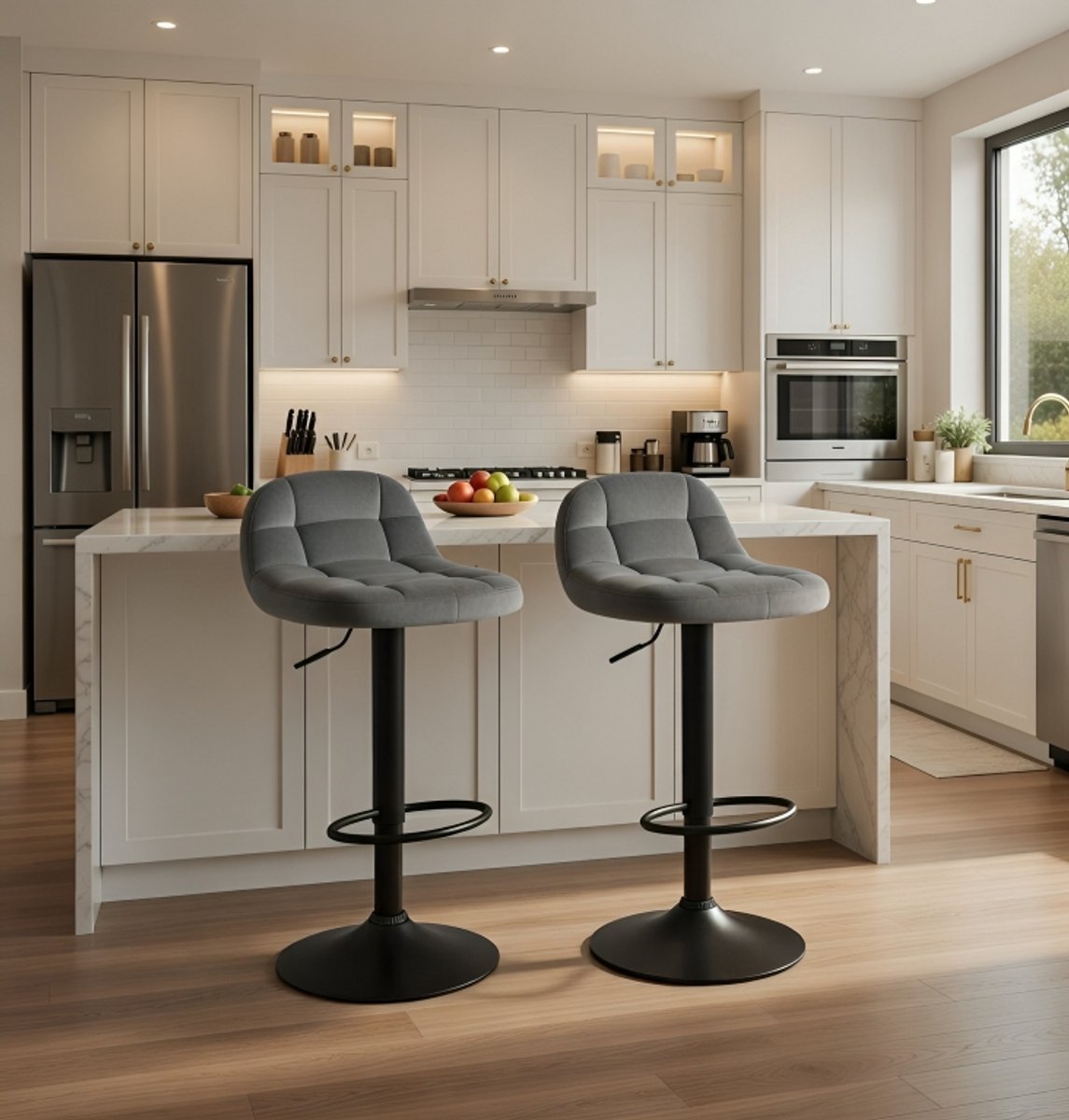Verstelbare Velvet Barkrukken Set van 2 – 60-82 cm Zithoogte – 360° Draaibare Barstoelen met Rugleuning en Voetensteun – Donkergrijs Metaal – Casa Serena – 82 cm – Casa Dorada