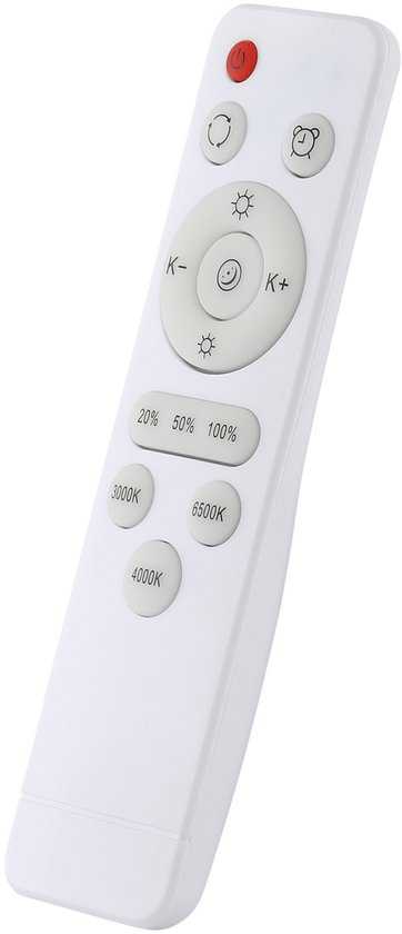 Witte afstandsbediening met knoppen voor aan/uit, timer, dimmen en kleurtemperatuur (3000K-6500K).