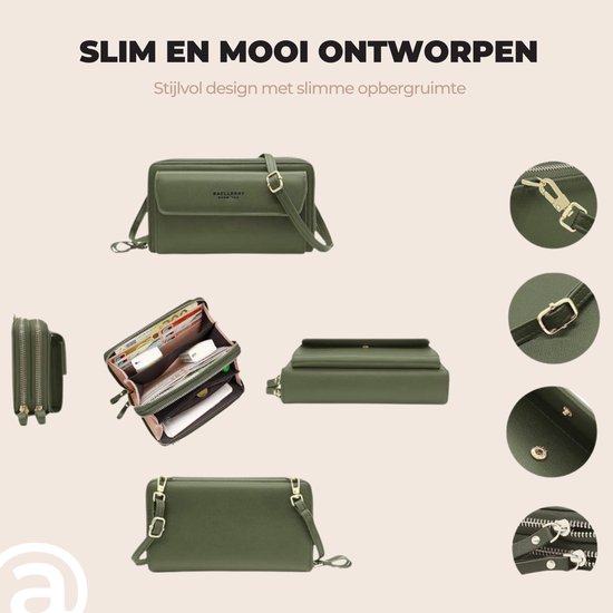 Sac de téléphone universel avec bandoulière pour mains libres – Sac portefeuille robuste avec beaucoup d'espace de rangement – ​​Sacs de téléphone pour femme – Convient pour iPhone, Samsung, Honor, Google Pixel, Lenovo et Xiaomi – Vert