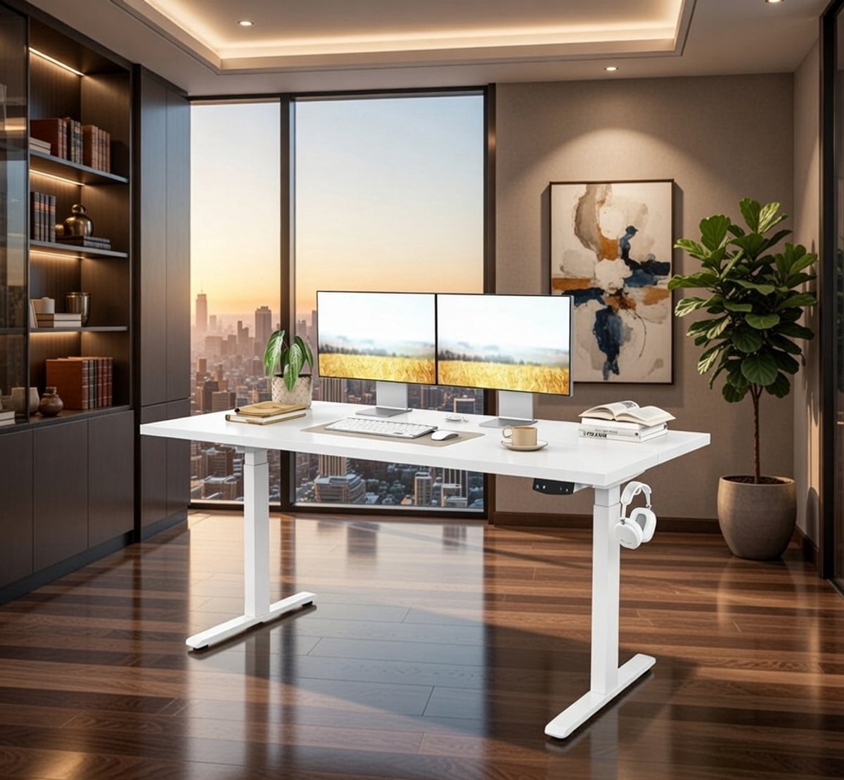 Elektrisch Zit-Sta Bureau 110x60 cm – In Hoogte Verstelbaar Bureau met Geheugenfunctie – Ergonomisch Thuiswerk Bureau – Computerbureau met Kabelmanagement & Haken – Wit | NoviHome
