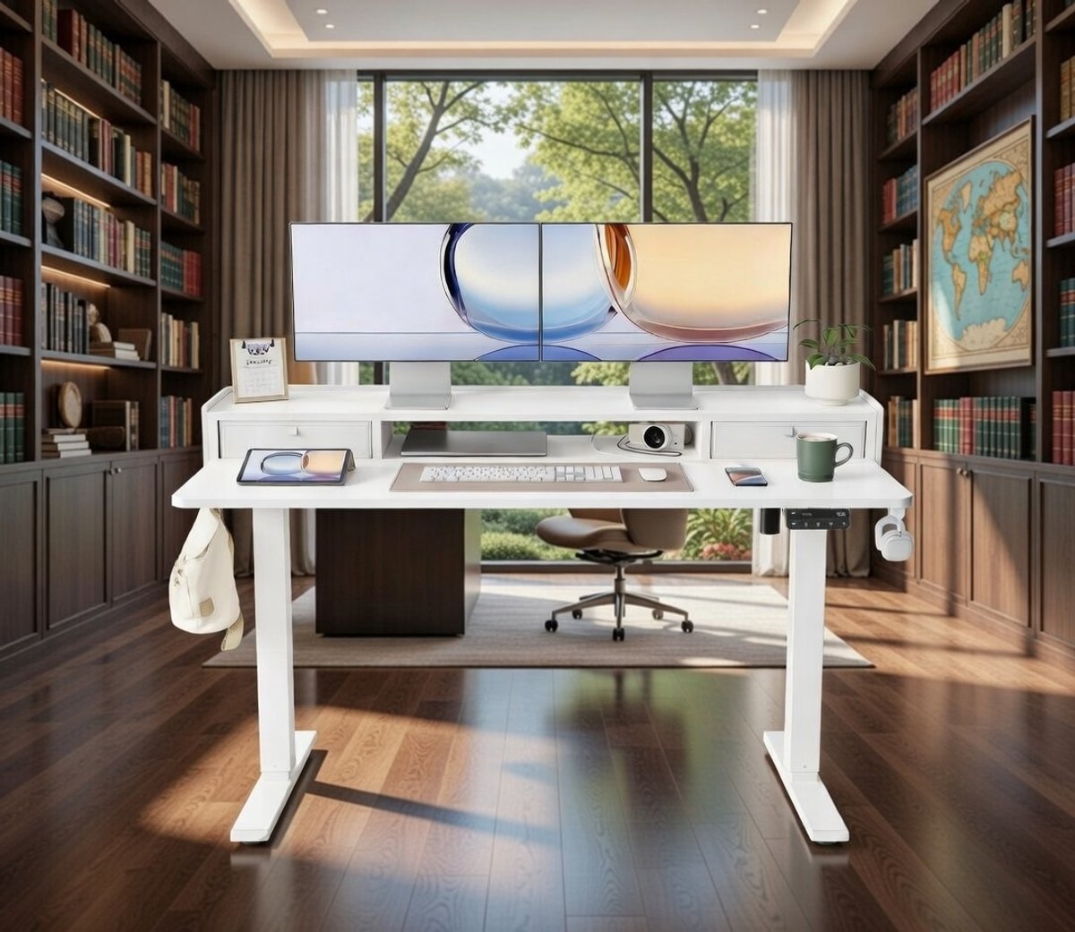 Elektrisch Zit-Sta Bureau 140x60 cm met Laden & Monitorstandaard – Verstelbaar Hoogte Bureau met Geheugenfunctie – Ergonomisch Sta Bureau voor Thuiswerk & Kantoor – Wit – NoviHome
