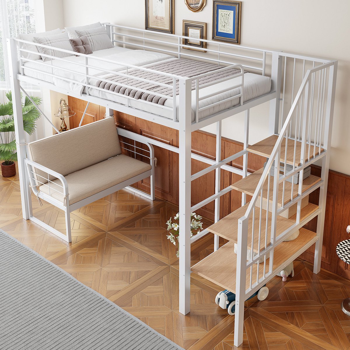 STILVORA Stapelbed 90x200 cm – Metalen Frame Met Afneembare Zitbank – Trap Met Opbergvakken – Ruimte Onder Bed – Slaapkamer – Wit | Zonder matras