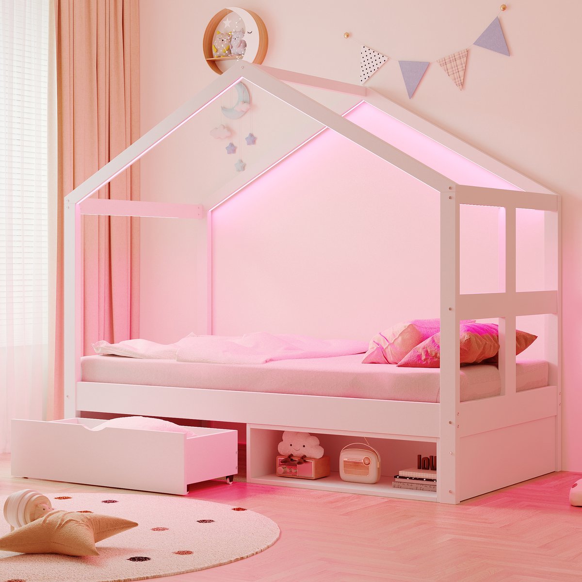 OKWISH Huisbed 90x190cm – Met Led Lichtstrip – Met Opberglade En Schoenenkastje – Met Lattenbodem – Hout – Wit – Zonder Matras