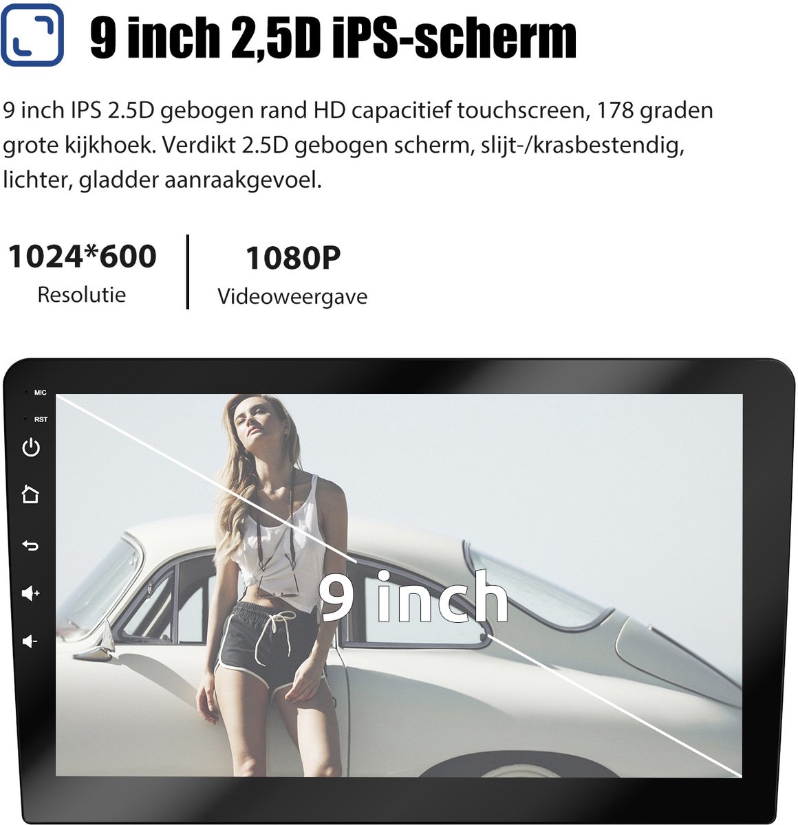 9 Inch 2 DIN Android 15 Autoradio met HD Touchscreen, GPS, Apple CarPlay, Android Auto, 2GB RAM, 32GB ROM - Afbeelding 3