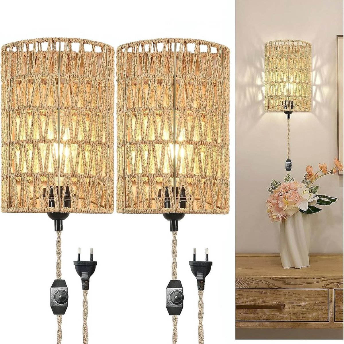 CLVP® Wandlamp Binnen met Snoer - Wandlamp met Stekker voor Binnen - met Dimbare Schakelaar - Industrieel en Vintage - Slaapkamer Bedlampje